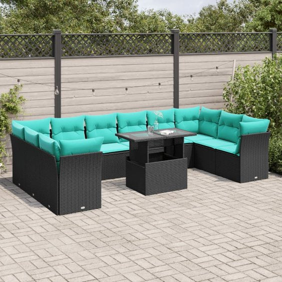 vidaXL 11-teiliges Gartensofa-Set mit Kissen, schwarzes Polyrattan