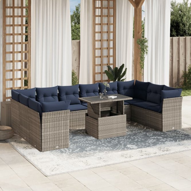 vidaXL 11-teiliges Gartensofa-Set mit Kissen, schwarzes Polyrattan
