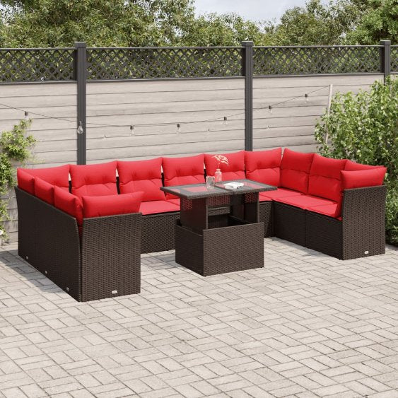 vidaXL 11-teiliges Gartensofa-Set mit Kissen, schwarzes Polyrattan