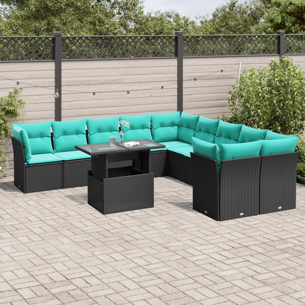 vidaXL 11-teiliges Gartensofa-Set mit Kissen, schwarzes Polyrattan
