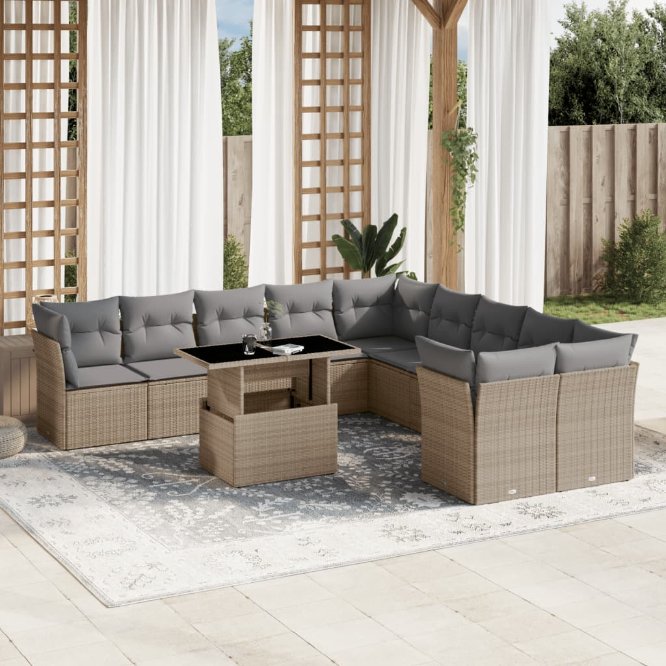 vidaXL 11-tlg. Garten-Sofagarnitur mit Kissen Schwarz Poly Rattan