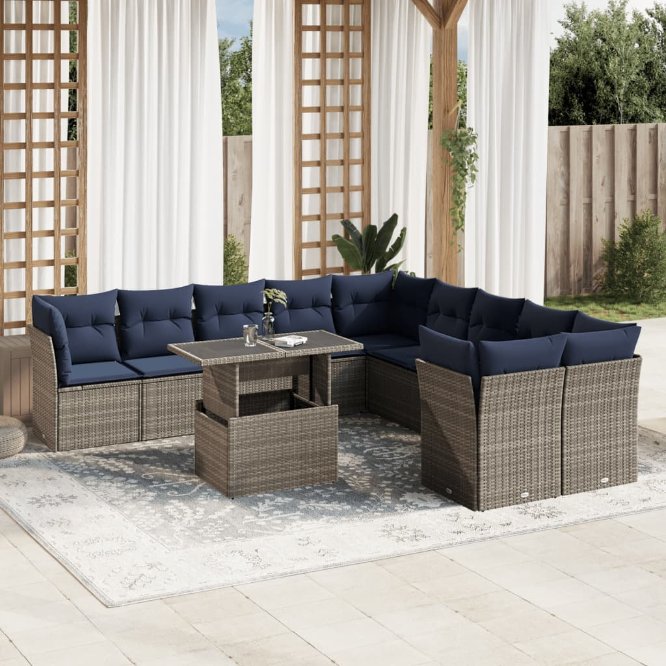 vidaXL 11-teiliges Gartensofa-Set mit Kissen, schwarzes Polyrattan