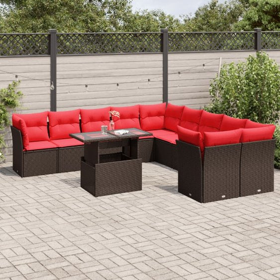 vidaXL 11-teiliges Gartensofa-Set mit Kissen, schwarzes Polyrattan