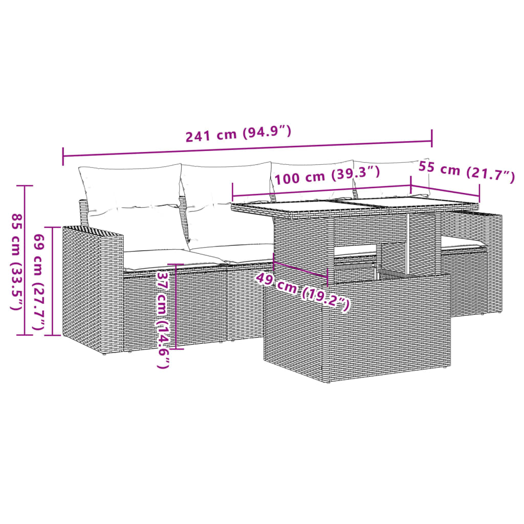 5-teiliges Gartensofa-Set mit Kissen, schwarzes Polyrattan