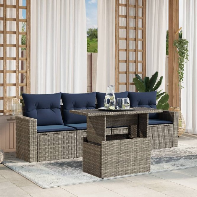 5-teiliges Gartensofa-Set mit Kissen, schwarzes Polyrattan