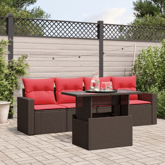 5-teiliges Gartensofa-Set mit Kissen, schwarzes Polyrattan