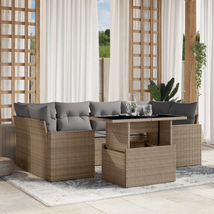 7-tlg. Garten-Sofagarnitur mit Kissen Schwarz Poly Rattan