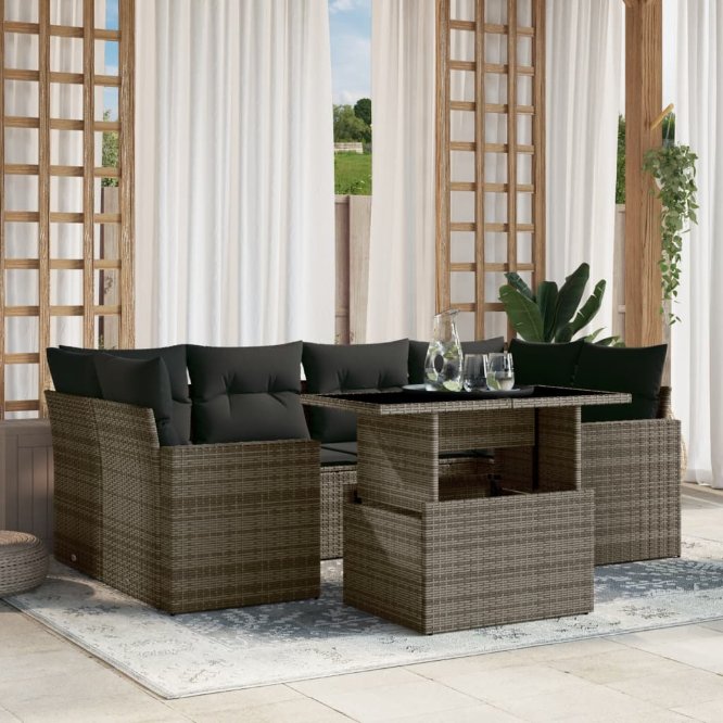 7-tlg. Garten-Sofagarnitur mit Kissen Schwarz Poly Rattan