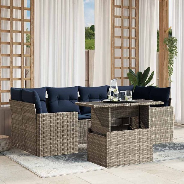7-teiliges Gartensofa-Set mit Kissen, schwarzes Polyrattan