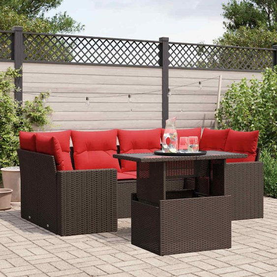 7-teiliges Gartensofa-Set mit Kissen, schwarzes Polyrattan