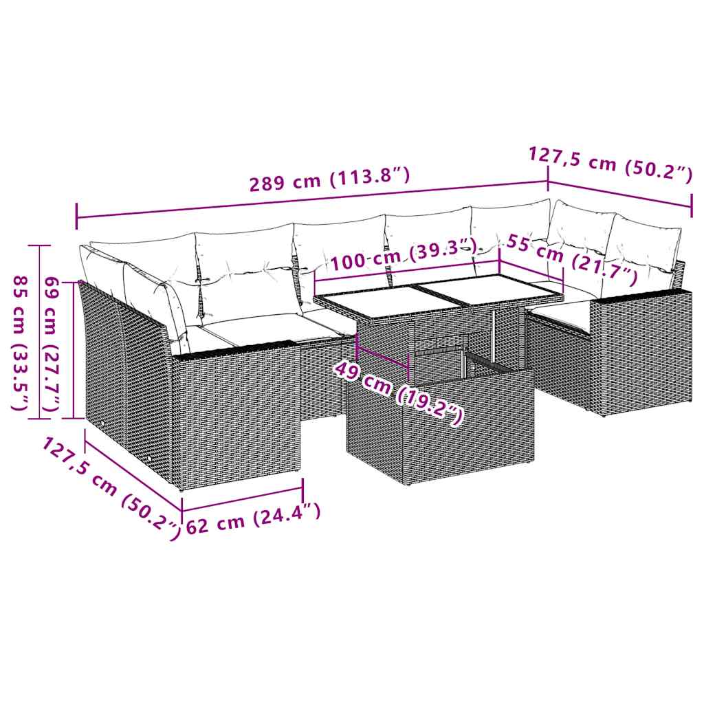 8-teiliges Gartensofa-Set mit Kissen, schwarzes Polyrattan