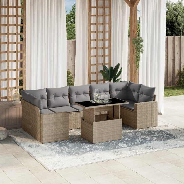 8-tlg. Garten-Sofagarnitur mit Kissen Schwarz Poly Rattan