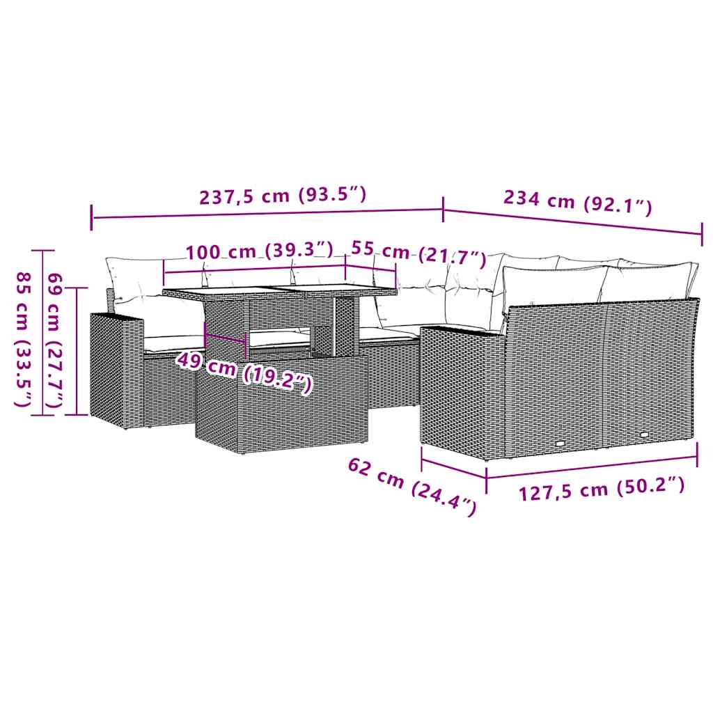 9-teiliges Gartensofa-Set mit Kissen, schwarzes Polyrattan