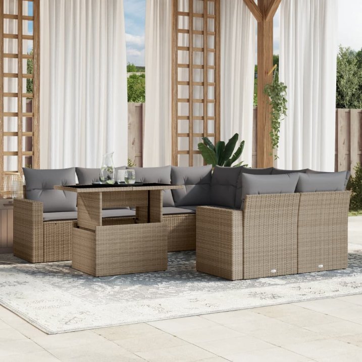 9-tlg. Garten-Sofagarnitur mit Kissen Schwarz Poly Rattan