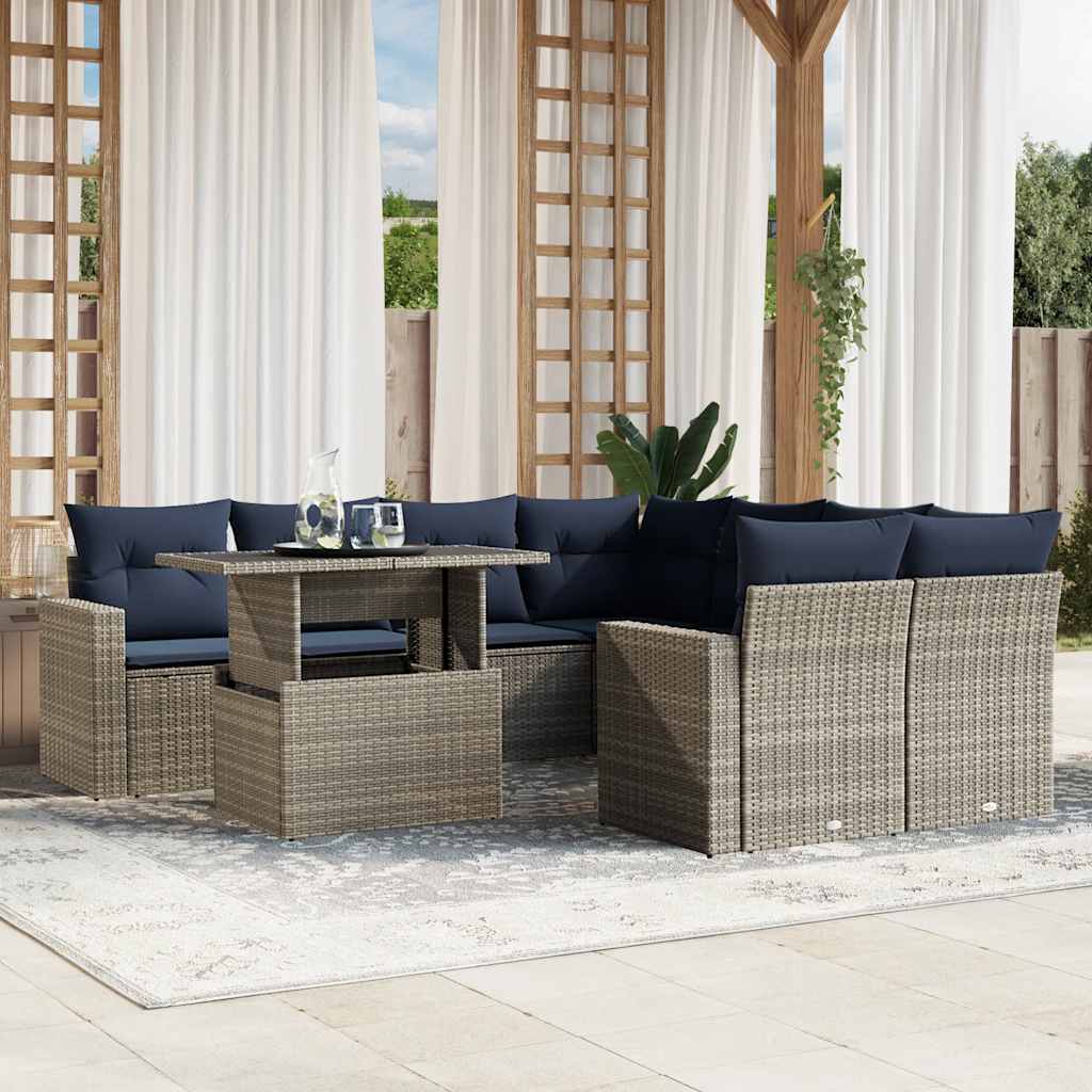 9-teiliges Gartensofa-Set mit Kissen, schwarzes Polyrattan