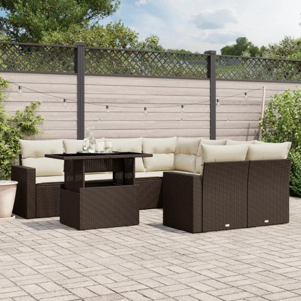 9-tlg. Garten-Sofagarnitur mit Kissen Schwarz Poly Rattan