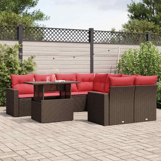 9-teiliges Gartensofa-Set mit Kissen, schwarzes Polyrattan