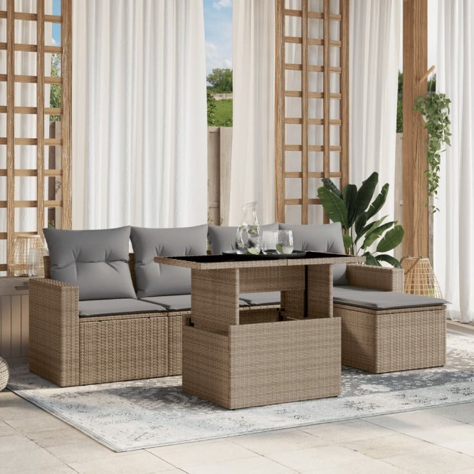 6-tlg. Garten-Sofagarnitur mit Kissen Schwarz Poly Rattan