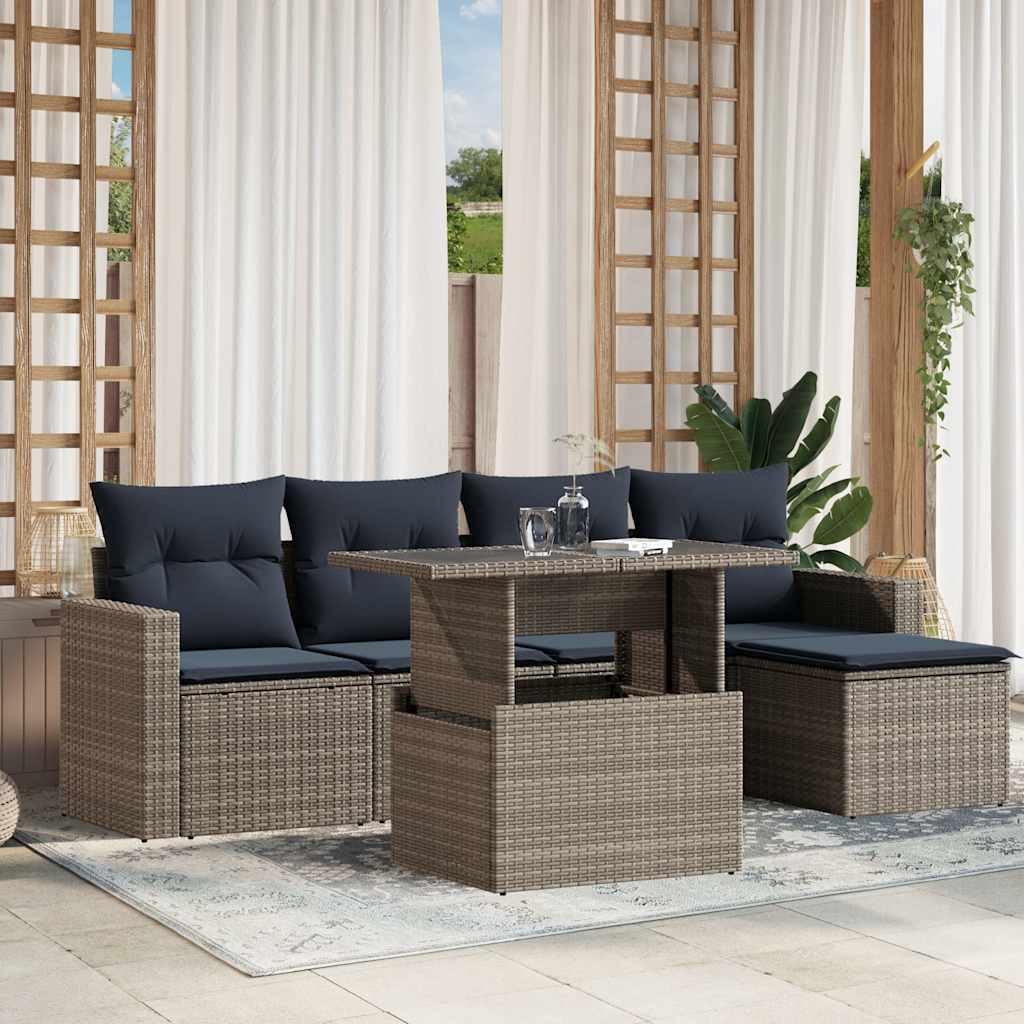 6-teiliges Gartensofa-Set mit Kissen, schwarzes Polyrattan