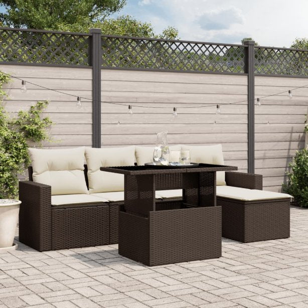 6-tlg. Garten-Sofagarnitur mit Kissen Schwarz Poly Rattan