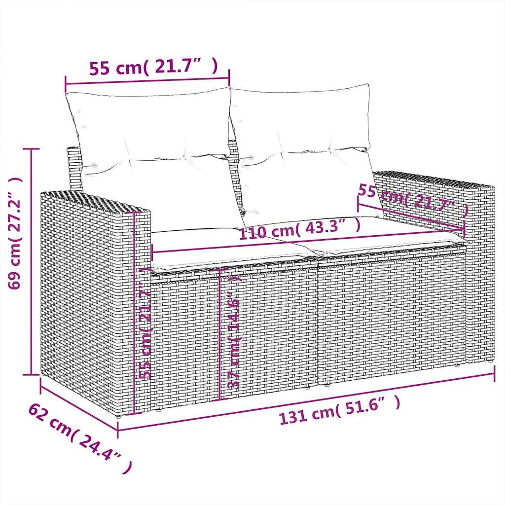 5-teiliges Gartensofa-Set mit Kissen, schwarzes Polyrattan