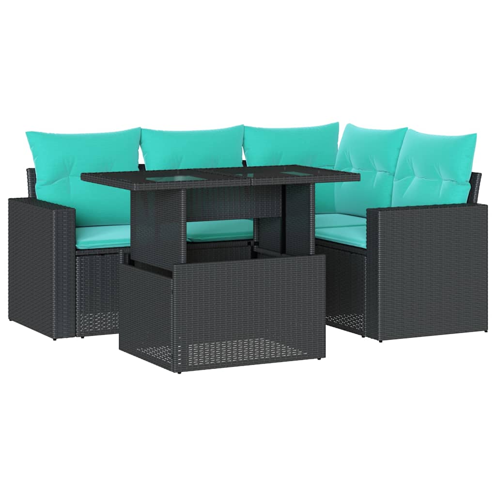 5-teiliges Gartensofa-Set mit Kissen, schwarzes Polyrattan