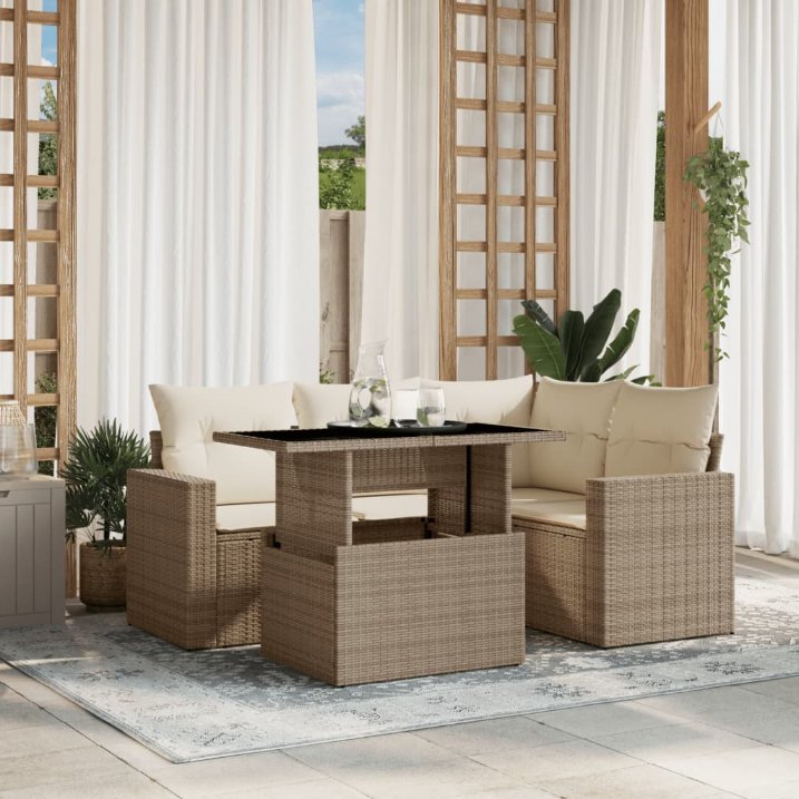 5-tlg. Garten-Sofagarnitur mit Kissen Schwarz Poly Rattan