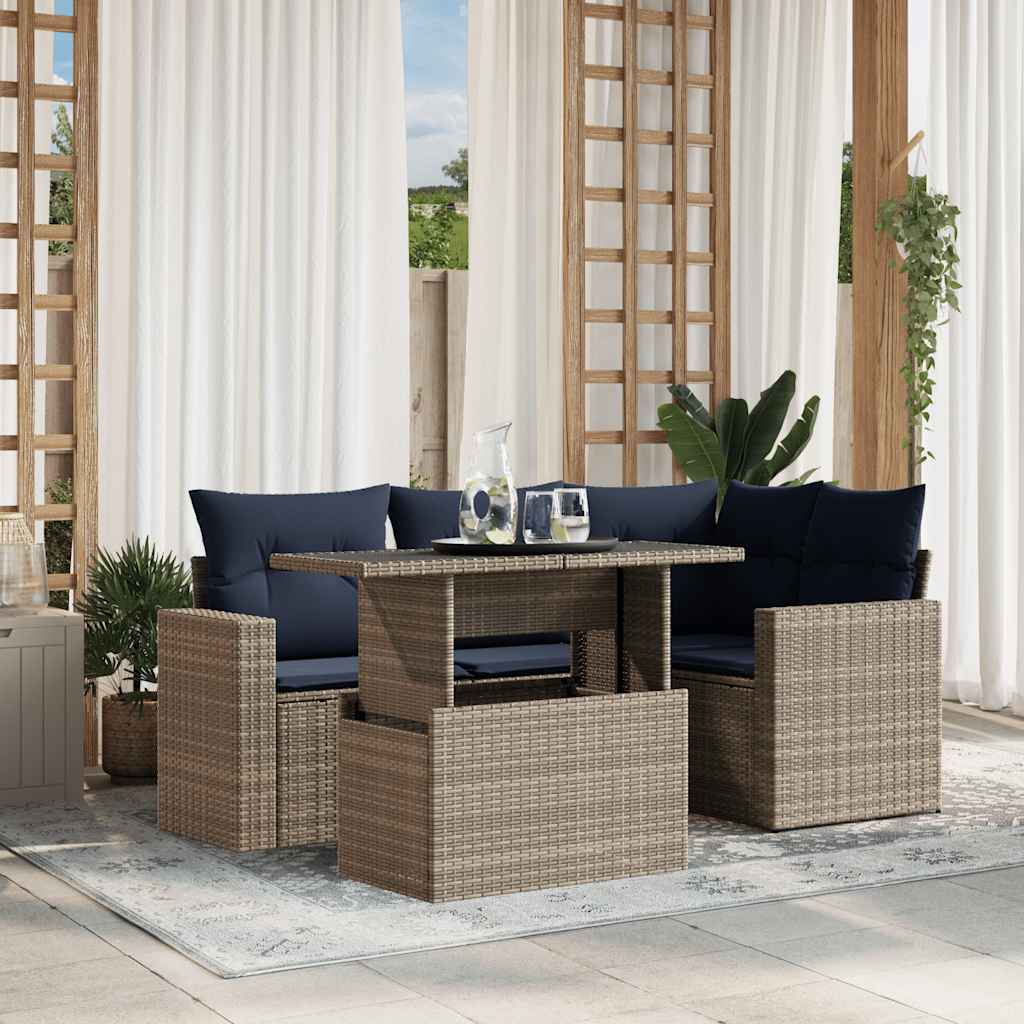 5-teiliges Gartensofa-Set mit Kissen, schwarzes Polyrattan