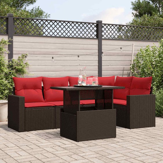 6-teiliges Gartensofa-Set mit Kissen, schwarzes Polyrattan