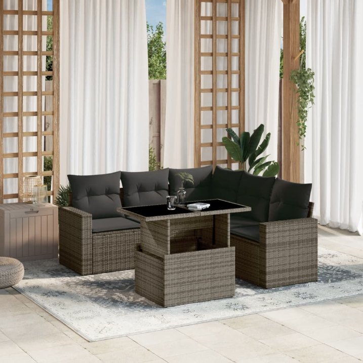 6-tlg. Garten-Sofagarnitur mit Kissen Schwarz Poly Rattan