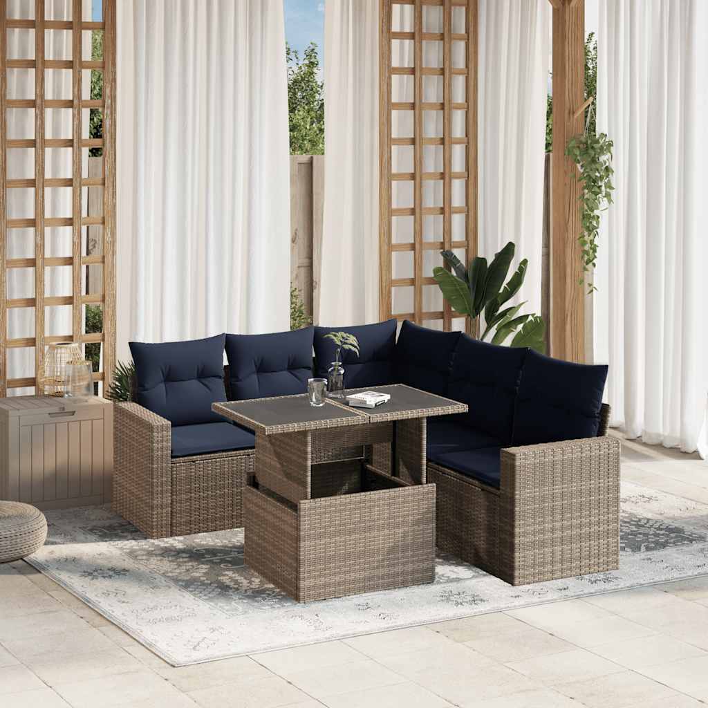 6-teiliges Gartensofa-Set mit Kissen, schwarzes Polyrattan