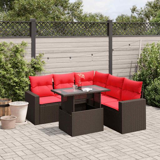 6-teiliges Gartensofa-Set mit Kissen, schwarzes Polyrattan