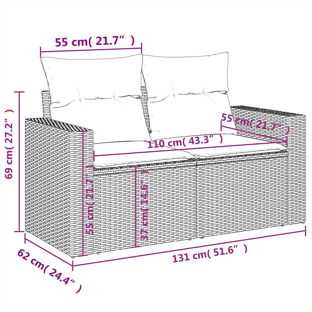 6-teiliges Gartensofa-Set mit Kissen, schwarzes Polyrattan