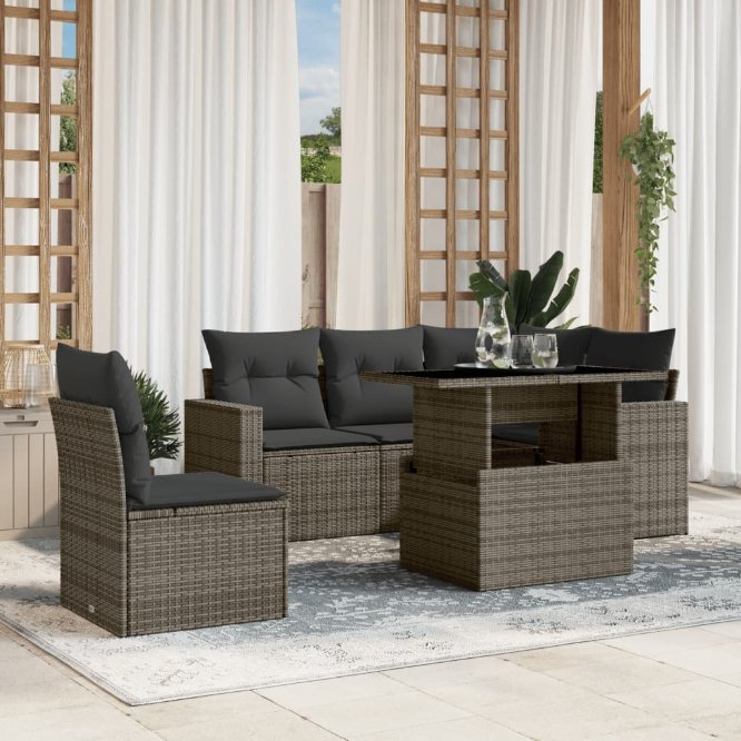 6-tlg. Garten-Sofagarnitur mit Kissen Schwarz Poly Rattan