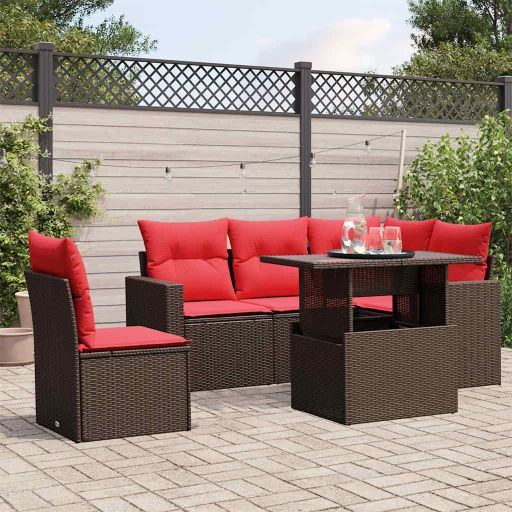 6-teiliges Gartensofa-Set mit Kissen, schwarzes Polyrattan