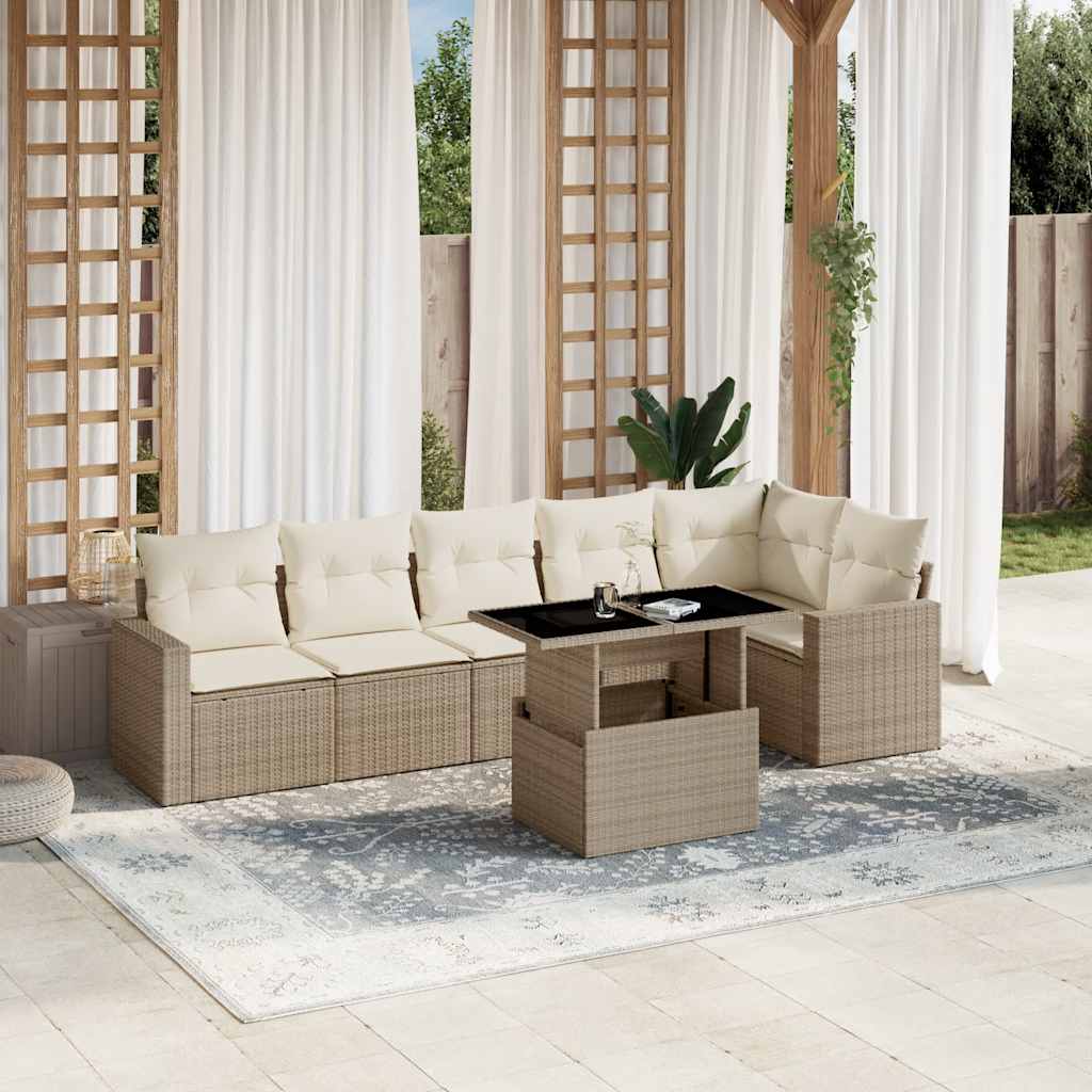 7-tlg. Garten-Sofagarnitur mit Kissen Schwarz Poly Rattan