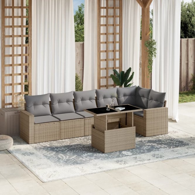7-tlg. Garten-Sofagarnitur mit Kissen Schwarz Poly Rattan