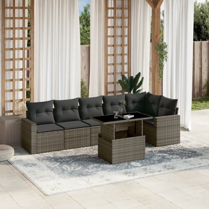 7-tlg. Garten-Sofagarnitur mit Kissen Schwarz Poly Rattan