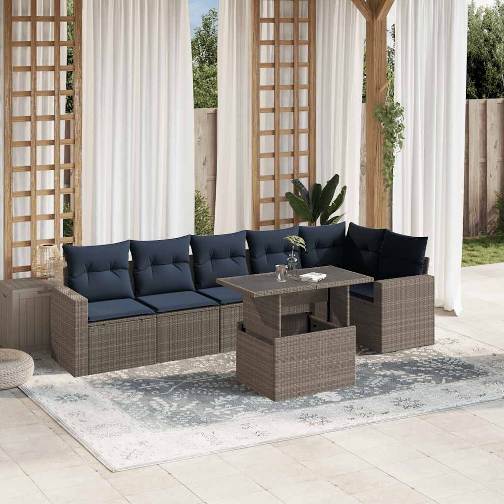 7-teiliges Gartensofa-Set mit Kissen, schwarzes Polyrattan