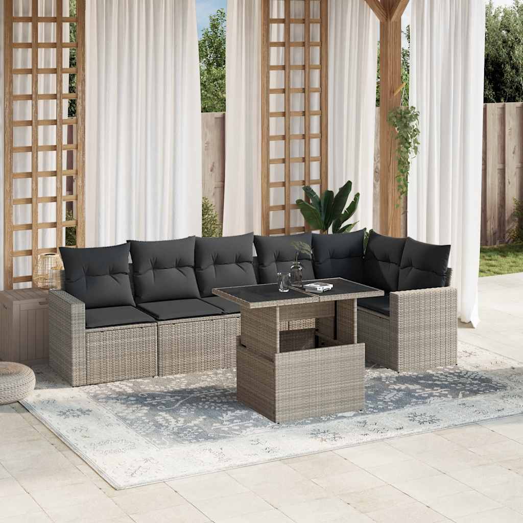 7-tlg. Garten-Sofagarnitur mit Kissen Schwarz Poly Rattan