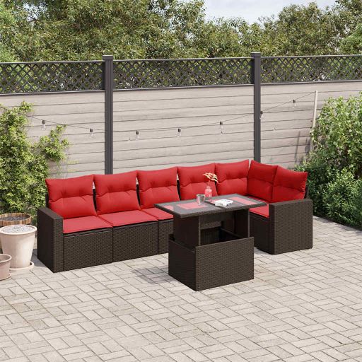 7-teiliges Gartensofa-Set mit Kissen, schwarzes Polyrattan
