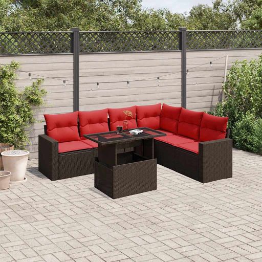 7-teiliges Gartensofa-Set mit Kissen, schwarzes Polyrattan