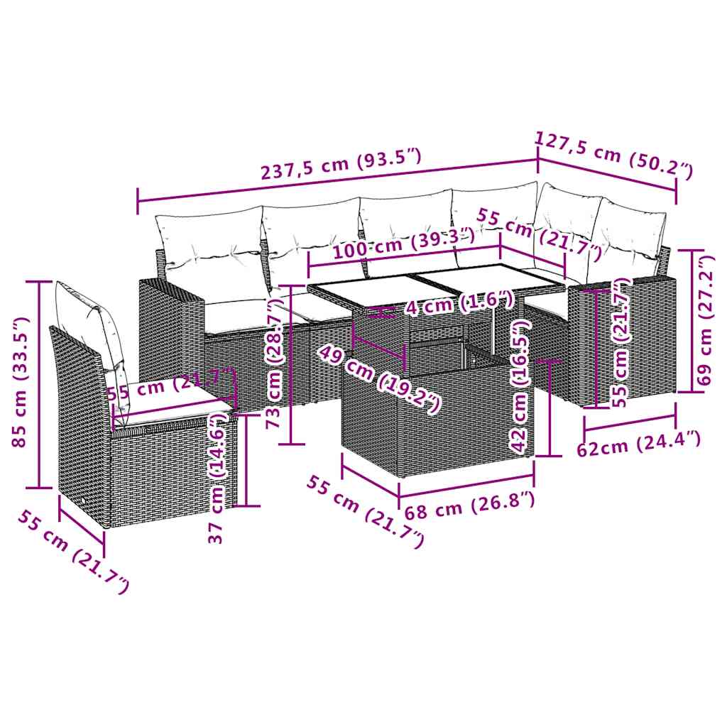7-teiliges Gartensofa-Set mit Kissen, schwarzes Polyrattan