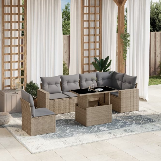7-tlg. Garten-Sofagarnitur mit Kissen Schwarz Poly Rattan