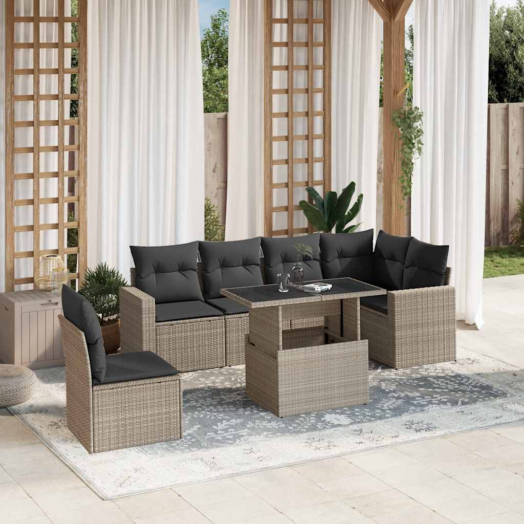 7-tlg. Garten-Sofagarnitur mit Kissen Schwarz Poly Rattan