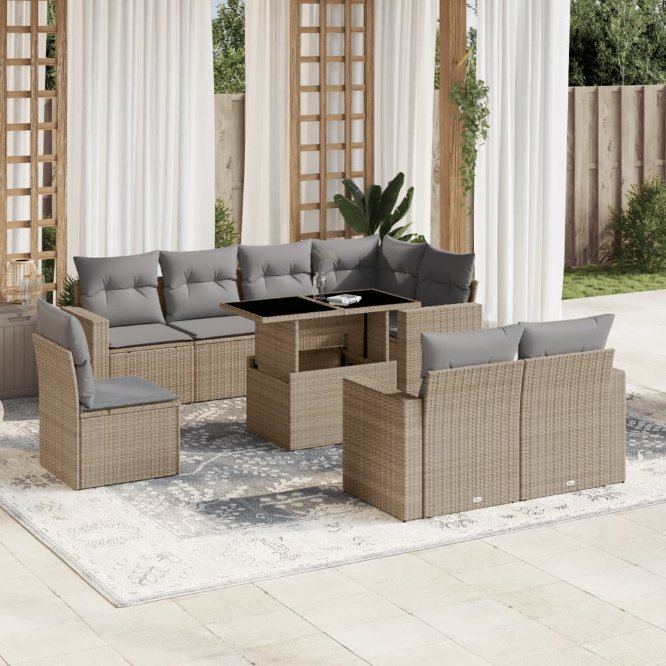 9-tlg. Garten-Sofagarnitur mit Kissen Schwarz Poly Rattan