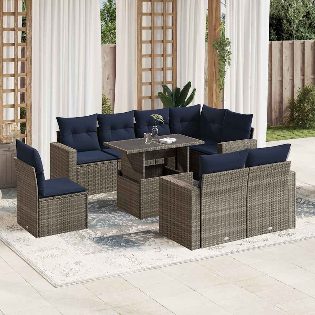 9-teiliges Gartensofa-Set mit Kissen, schwarzes Polyrattan