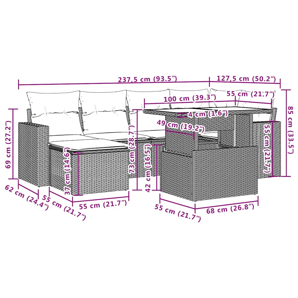 7-teiliges Gartensofa-Set mit Kissen, schwarzes Polyrattan