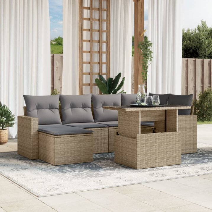 7-tlg. Garten-Sofagarnitur mit Kissen Schwarz Poly Rattan