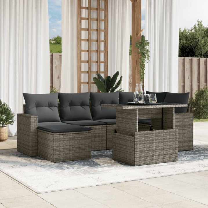 7-tlg. Garten-Sofagarnitur mit Kissen Schwarz Poly Rattan